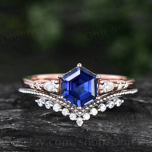 Hexagon cut sapphire ring gold vintage unique blue sapphire engagement ring set 14k rose gold dainty moissanite bridal ring set for women