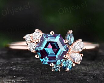 Cluster Alexandrite ring vintage Hexagon cut Alexandrite engagement ring women rose gold diamond ring dainty 925 sterling silver ring gift