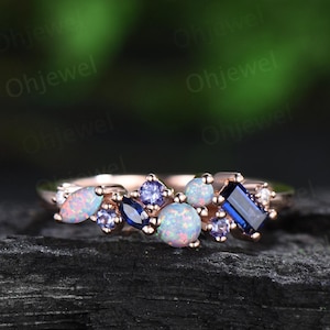 Dainty round white opal ring cluster Baguette sapphire ring natural tanzanite ring women solid 14k rose gold anniversary wedding ring gift