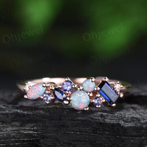 Dainty round white opal ring cluster Baguette sapphire ring natural tanzanite ring women solid 14k rose gold anniversary wedding ring gift