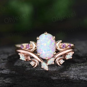 Bague de fiançailles en améthyste cinq pierres lune vintage ovale opale blanche bague de fiançailles en or rose promesse de mariage art déco ensemble femme bague cadeau