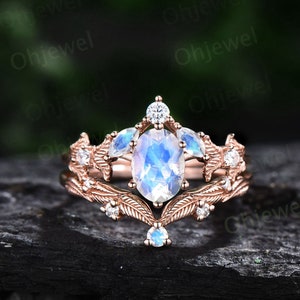 Twig oval cut moonstone engagement ring set 14k rose gold branch leaf nature inspired diamond ring art deco unique wedding ring set women