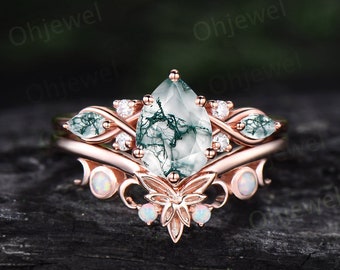 Pear shaped green moss agate ring vintage unique engagement ring art deco rose gold leaf moon opal ring women twisted promise ring set gift