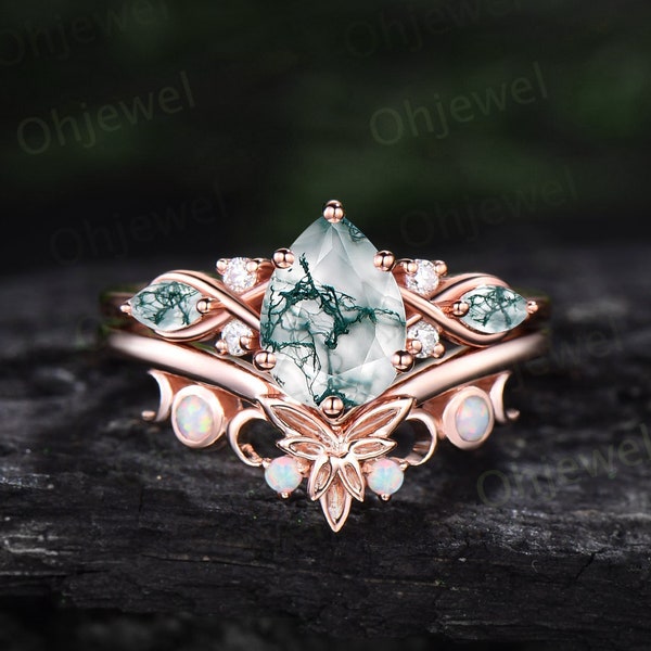 Pear shaped green moss agate ring vintage unique engagement ring art deco rose gold leaf moon opal ring women twisted promise ring set gift