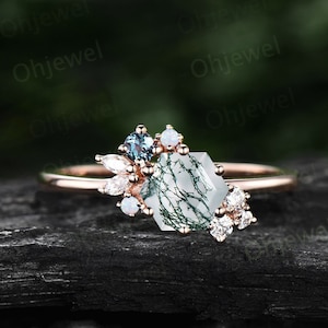 1ct Hexagon cut green moss agate ring gold silver cluster unique engagement ring for women opal alexandrite marquise diamond wedding ring