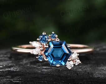 Hexagon cut London blue topaz ring gold vintage London blue topaz engagement ring rose gold unique cluster engagement ring moissanite ring