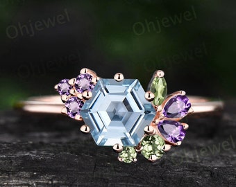 Unique hexagon cut aquamarine ring cluster engagement ring 14k rose gold women gift peridot amethyst ring March birthstone ring fine jewelry