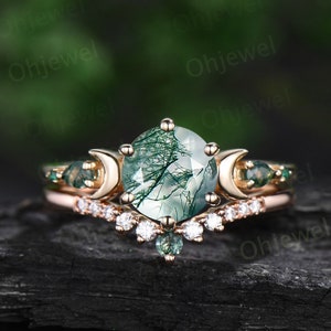 Round cut green moss agate ring yellow gold five stone moon unique engagement ring emerald bridal wedding ring set women jewelry gift