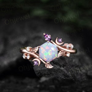 Hexagon white opal ring vintage rose gold leaf moon unique engagement ring women Nature inspired amethyst diamond  anniversary ring gift
