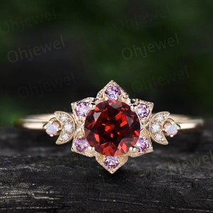 Vintage round red garnet engagement ring 14k yellow gold milgrain floral moon halo amethyst opal ring women unique bridal promise ring gift
