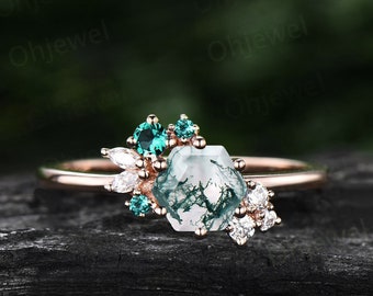 Hexagon cut green moss agate ring rose gold silver vintage unique engagement ring cluster emerald moissanite bridal wedding ring women gift