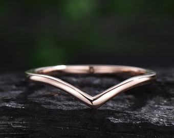 Curved V shaped wedding band  solid 14k rose gold solitaire stacking wedding ring band dainty Minimalist anniversary ring women gift for her