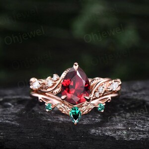 Pear shaped red ruby engagement ring 14k rose gold twisted branch moissanite ring women leaf emerald wedding band unique anniversary gift