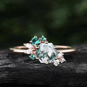 Hexagon cut green moss agate ring rose gold silver vintage unique engagement ring cluster emerald moissanite bridal wedding ring women gift