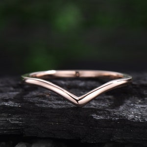 Curved V shaped wedding band  solid 14k rose gold solitaire stacking wedding ring band dainty Minimalist anniversary ring women gift for her