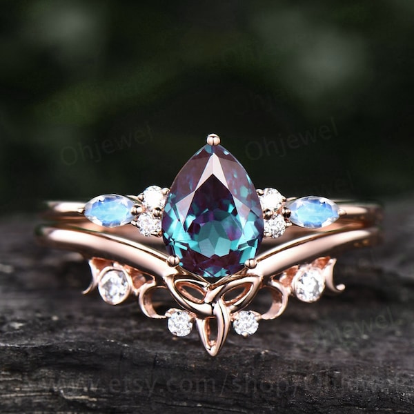 Vintage pear Alexandrite moonstone engagement ring solid 14k rose gold cluster moissanite ring unique promise wedding bridal ring set women