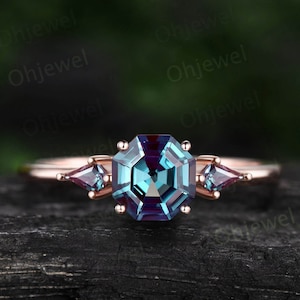 Octagon cut Alexandrite ring three stone rose gold ring kite cut Alexandrite ring dainty unique engagement ring anniversary ring for women