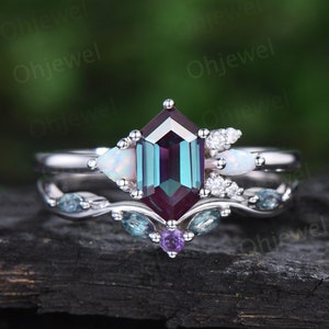 Vintage Long hexagon alexandrite engagement ring opal amethyst ring 14k white gold cluster moissanite anniversary wedding bridal set women