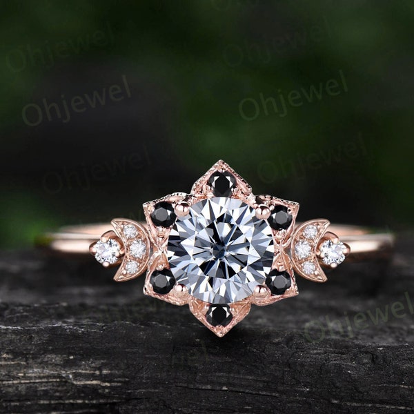 Vintage 1ct round gray moissanite engagement ring rose gold milgrain floral moon black onyx diamond ring women unique promise ring her gift