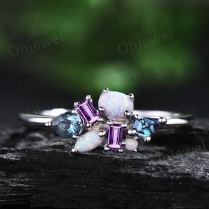 Unique oval opal ring vintage kite alexandrite ring white gold baguette cut amethyst ring women dainty wedding ring band anniversary gift