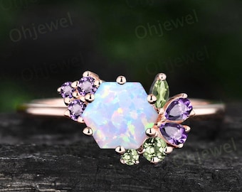Vintage hexagon white opal engagement ring rose gold cluster peridot amethyst ring women dainty 6 prong birthstone anniversary ring gift