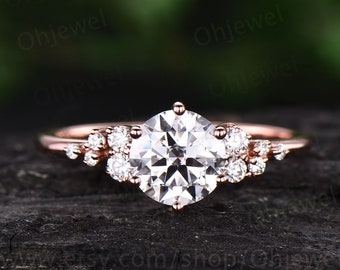 Cluster unique vintage moissanite engagement ring rose gold silver round cut promise ring women six prong ring custom bridal wedding ring