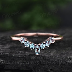Marquise cut Alexandrite wedding band rose gold ring art deco curved wedding ring band June birthstone ring bridal anniversary ring women