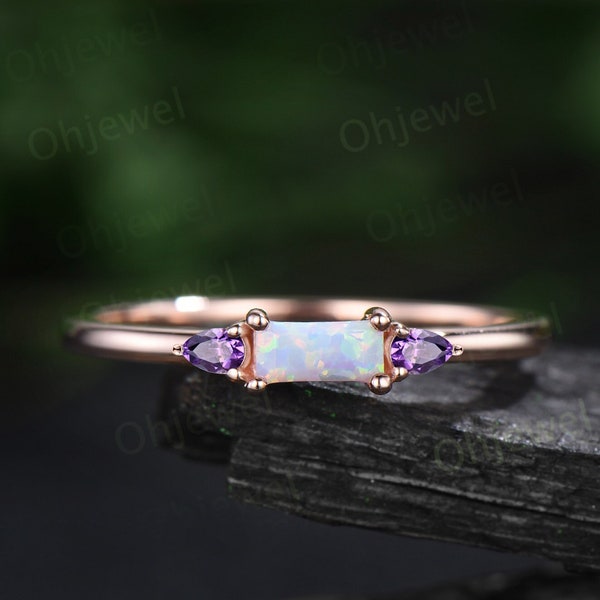 Dainty Baguette cut white opal ring vintage three stone pear amethyst ring 14k rose gold unique engagement ring women anniversary ring gift