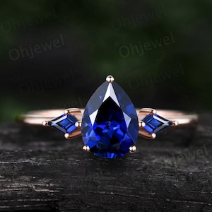 Pear shaped sapphire ring women vintage kite cut sapphire ring three stone unique engagement ring Minimalist rose gold wedding ring gift