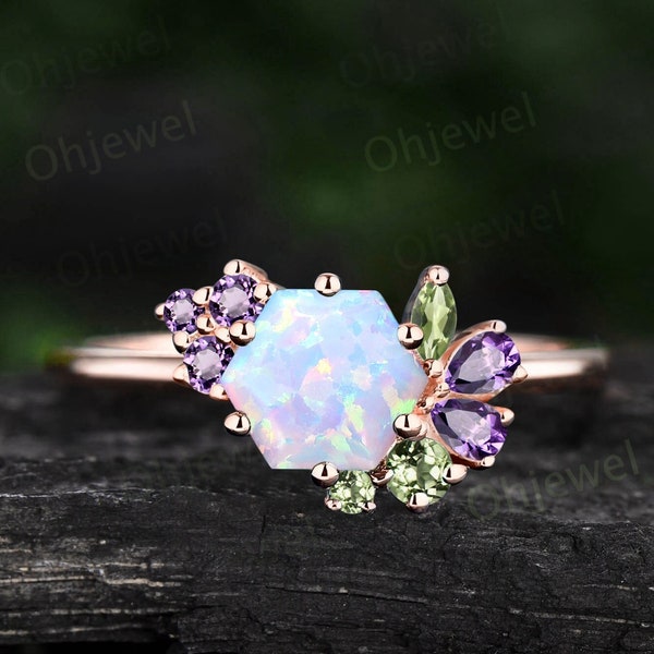 Vintage hexagon white opal engagement ring rose gold cluster peridot amethyst ring women dainty 6 prong birthstone anniversary ring gift