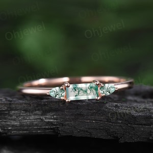 Dainty pear Baguette cut moss agate ring solid 14k rose gold three stone unique engagement ring women wedding anniversary ring gift for her