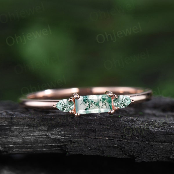 Dainty pear Baguette cut moss agate ring solid 14k rose gold three stone unique engagement ring women wedding anniversary ring gift for her