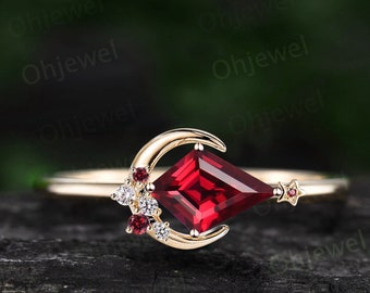 Kite cut red ruby ring vintage cluster diamond ring yellow gold east to west moon star engagement ring gemstone unique wedding ring women