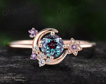 Round Alexandrite ring vintage cluster amethyst ring rose gold unique moon engagement ring retro star flower moissanite wedding ring women