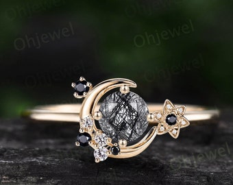 Vintage round black rutilated quartz engagement ring 14k yellow gold star moon cluster moissanite black stone ring women anniversary gift