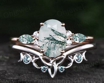 Oval cut green moss agate ring vintage moss agate engagement ring set rose gold marquise cut wedding ring cluster alexandrite ring for women