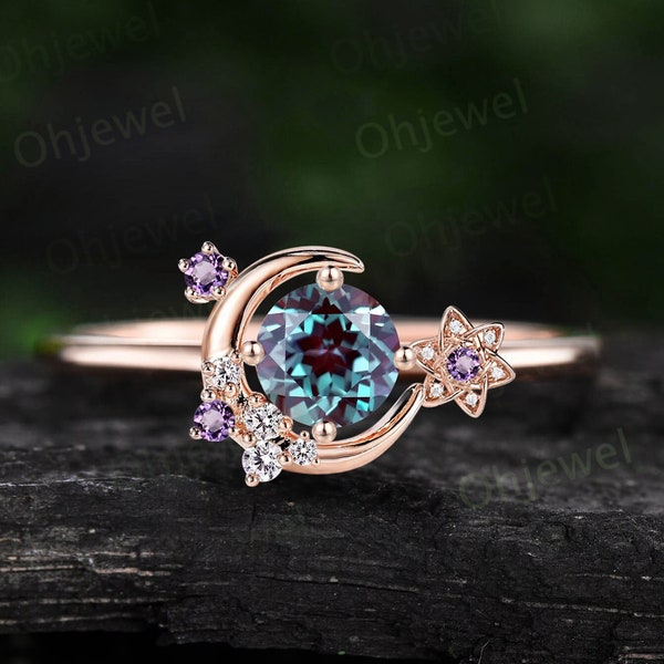 Round Alexandrite ring vintage cluster amethyst ring rose gold unique moon engagement ring retro star flower moissanite wedding ring women