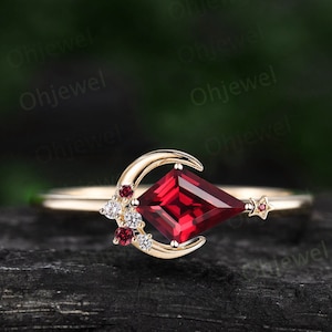 Kite cut red ruby ring vintage cluster diamond ring yellow gold east to west moon star engagement ring gemstone unique wedding ring women