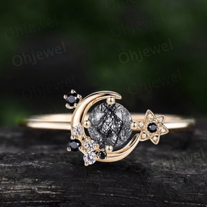 Vintage round black rutilated quartz engagement ring 14k yellow gold star moon cluster moissanite black stone ring women anniversary gift