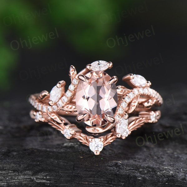 Unique oval cut morganite engagement ring rose gold vintage cluster leaf half eternity twisted diamond wedding bridal ring set women gift