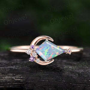 Kite cut white opal ring vintage amethyst ring rose gold unique star moon engagement ring women cluster diamond bridal wedding ring gift