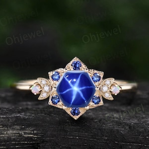 Vintage Hexagon blue star sapphire engagement ring solid 14k yellow gold milgrain floral moon opal diamond ring women wedding ring gift