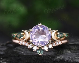 Runder Lavendel-Amethyst-Ring, Vintage-Gelbgold, fünf Steine, Mond, einzigartiger Verlobungsring, Moosachat, Braut-Ehering-Set, Geschenk für Frauen