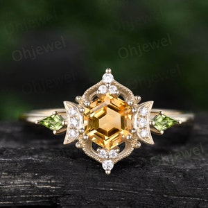 Vintage Hexagon yellow citrine engagement ring Milgrain cluster halo diamond ring women yellow gold moon kite peridot wedding promise ring