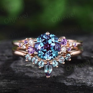 Unique round alexandrite engagement ring set 6 prong snowdrift amethyst ring rose gold cluster moissanite promise bridal ring set women gift