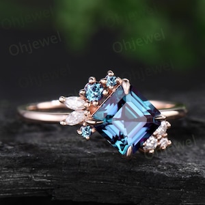 Asscher cut Alexandrite ring women unique cluster engagement ring rose gold claw prong diamond promise anniversary ring gift