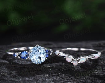 Round Aquamarine ring vintage pear sapphire ring five stone 6 prong blue gemstone ring opal wedding band engagement ring women bridal set