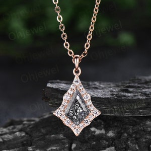 Vintage kite cut black rutilated quartz necklace rose gold unique snowdrift halo diamond necklace Pendant women jewelry anniversary gift