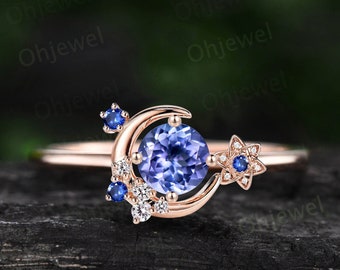 Vintage round Tanzanite engagement ring solid 14k rose gold cluster moon star sapphire ring women flower dainty unique wedding promise ring