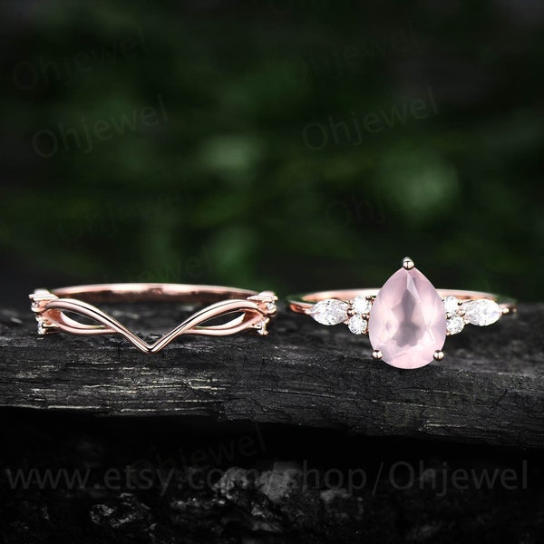 Unique vintage Pear shaped rose quartz engagement ring set rose gold art deco ring rose quartz ring silver moissanite bridal ring set women